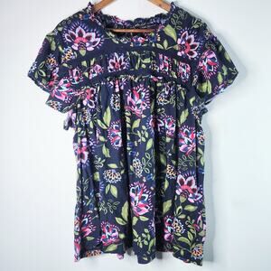 Lane Bryant Womens Navy Blue Floral Ruffle Sleeve Trim Detail Top Size 26/28